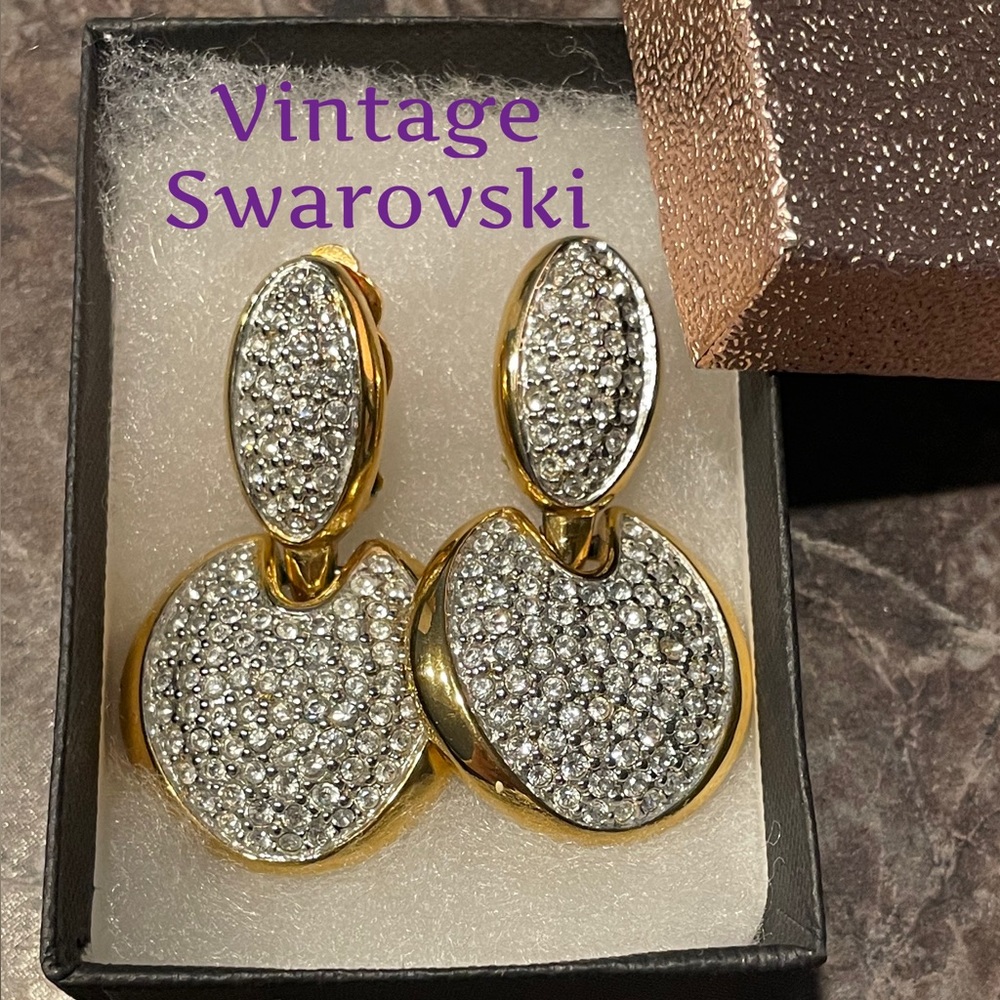 Swarovski runway 80’s-90’s stamped paved door knocker clip on earrings.